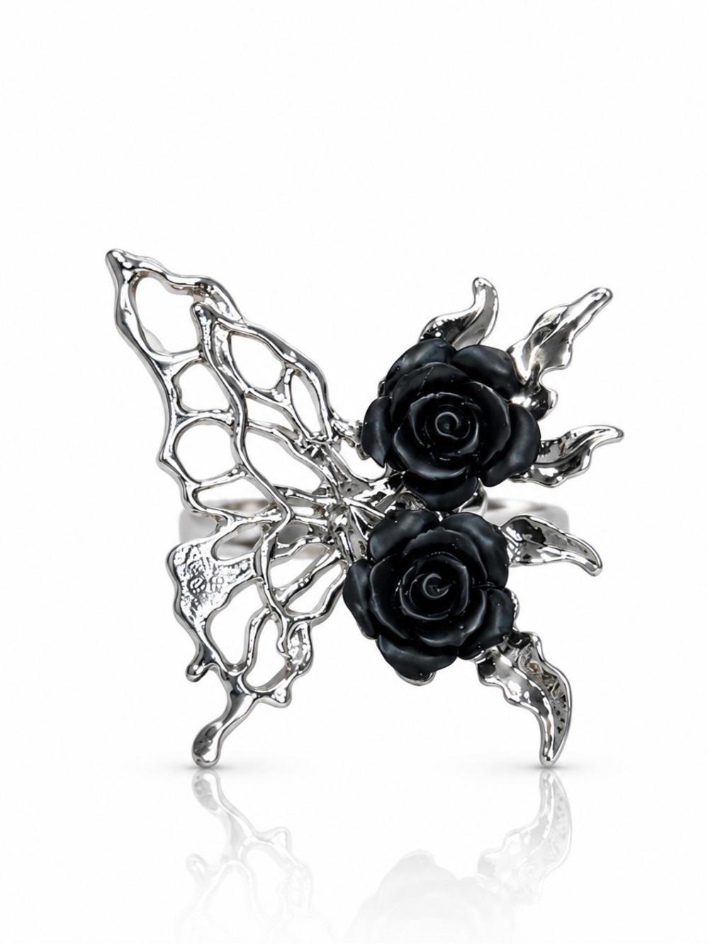 Silver-Tone Butterfly Brooch with Black Rose Accents